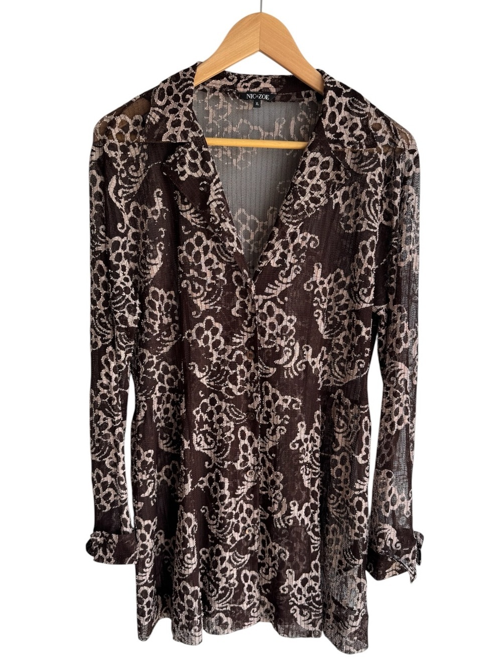 Nic+Zoe Longline Sheer Lace Cardigan Sz XL Brown Floral Artsy Boho Earthy Tunic